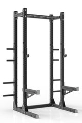 105 black powder coated steel home gym half rack with multi grip pull up bar, safety arms, rear extension for weight plates storage and j-cups from iron bull strength