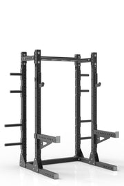 81 black powder coated steel home gym half rack with multi grip pull up bar, safety arms, rear extension for weight plates storage and j-cups from iron bull strength
