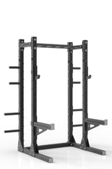 87 black powder coated steel home gym half rack with multi grip pull up bar, safety arms, rear extension for weight plates storage and j-cups from iron bull strength