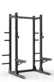 93 black powder coated steel home gym half rack with multi grip pull up bar, safety arms, rear extension for weight plates storage and j-cups from iron bull strength
