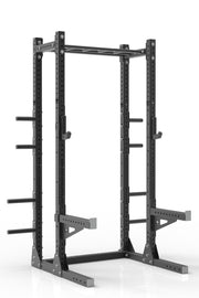 99 black powder coated steel home gym half rack with multi grip pull up bar, safety arms, rear extension for weight plates storage and j-cups from iron bull strength