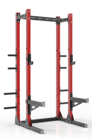 105 red powder coated steel home gym half rack with multi grip pull up bar, safety arms, rear extension for weight plates storage and j-cups from iron bull strength