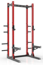 111 red powder coated steel home gym half rack with multi grip pull up bar, safety arms, rear extension for weight plates storage and j-cups from iron bull strength