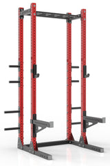 111 red powder coated steel home gym half rack with multi grip pull up bar, safety arms, rear extension for weight plates storage and j-cups from iron bull strength