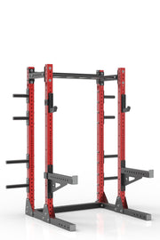 81 red powder coated steel home gym half rack with multi grip pull up bar, safety arms, rear extension for weight plates storage and j-cups from iron bull strength