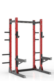 87 red powder coated steel home gym half rack with multi grip pull up bar, safety arms, rear extension for weight plates storage and j-cups from iron bull strength