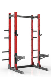 93 red powder coated steel home gym half rack with multi grip pull up bar, safety arms, rear extension for weight plates storage and j-cups from iron bull strength