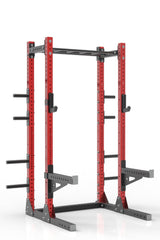 93 red powder coated steel home gym half rack with multi grip pull up bar, safety arms, rear extension for weight plates storage and j-cups from iron bull strength