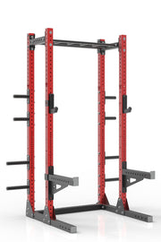 99 red powder coated steel home gym half rack with multi grip pull up bar, safety arms, rear extension for weight plates storage and j-cups from iron bull strength
