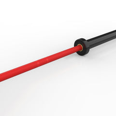 black-red competition barbell zoom on grip