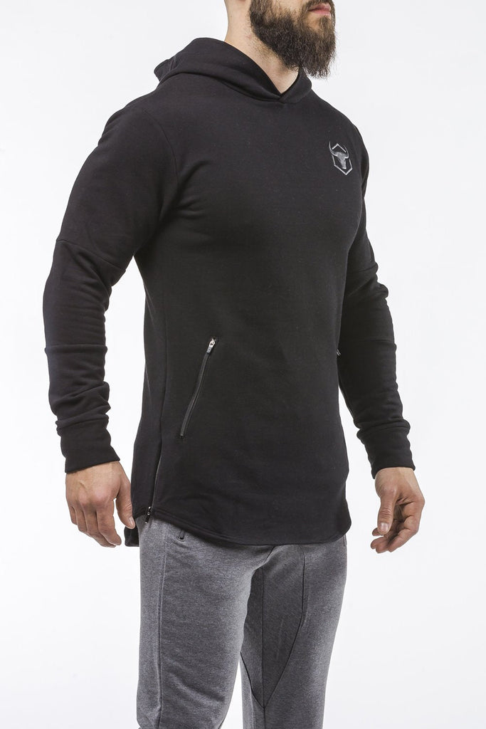 black pullover hoodie with zip iron bull strength