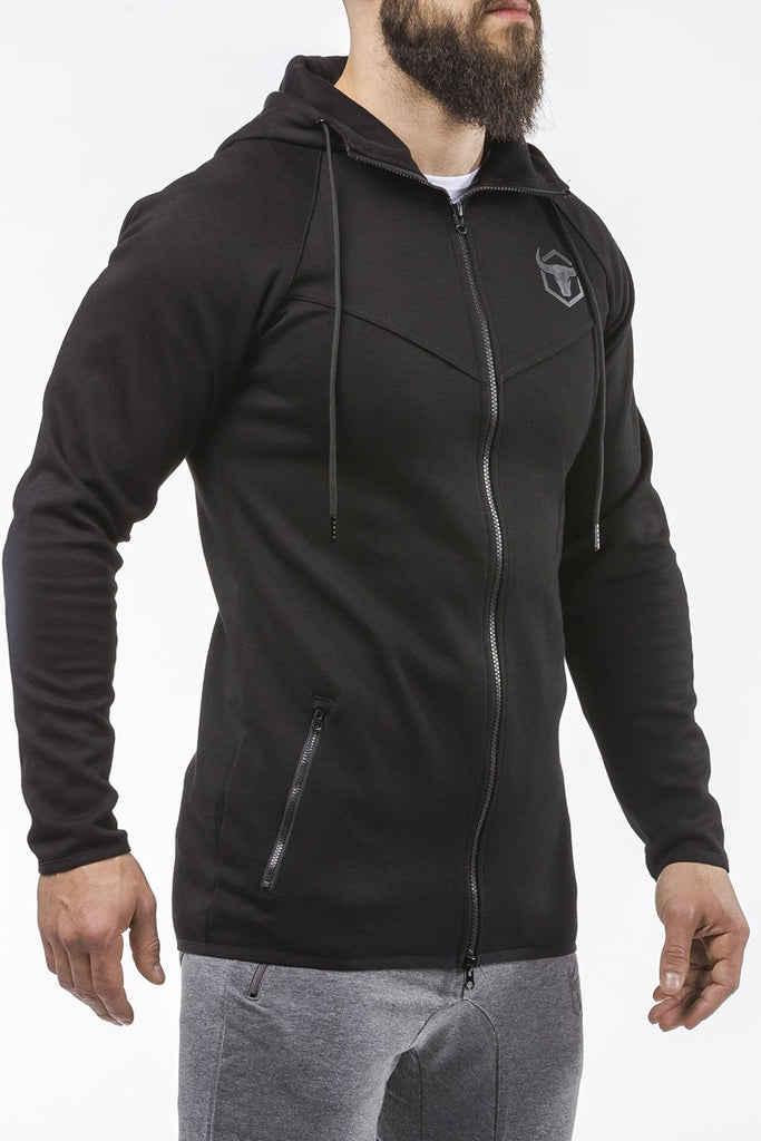 black zip up sports hoodie iron bull strength