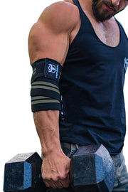black-gray iron bull strength elbow wraps for free weights