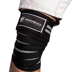 black-gray iron bull strength knee support wraps