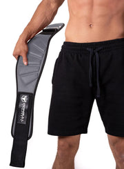 gray model putting on back support lifting belt