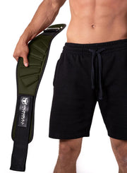 army-green model putting on back support lifting belt