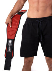 red model putting on back support lifting belt