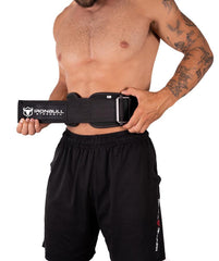 black model holding 6 inches weight lifting belt
