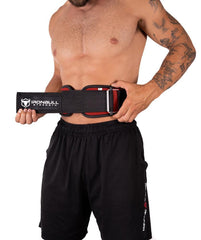 red model holding 6 inches weight lifting belt