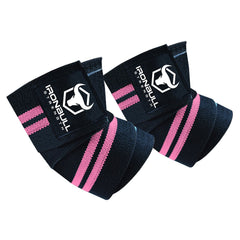 black-pink iron bull strength elbow wraps for bench press