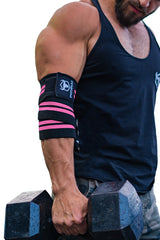 black-pink iron bull strength elbow wraps for free weights