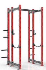 102 inches red power rack with rear extension, dual pull up bar, weight storage, band pegs, j cups and safety straps 