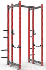 108 inches red power rack with rear extension, dual pull up bar, weight storage, band pegs, j cups and safety straps 