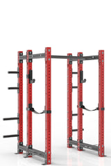 78 inches red power rack with rear extension, dual pull up bar, weight storage, band pegs, j cups and safety straps 
