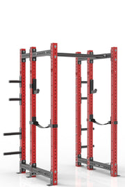 84 inches red power rack with rear extension, dual pull up bar, weight storage, band pegs, j cups and safety straps 