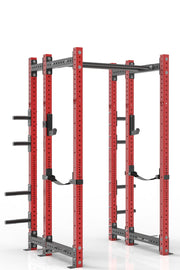 90 inches red power rack with rear extension, dual pull up bar, weight storage, band pegs, j cups and safety straps 