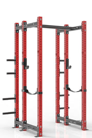 96 inches red power rack with rear extension, dual pull up bar, weight storage, band pegs, j cups and safety straps 