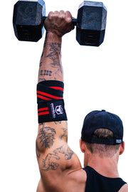 black-red elbow wraps for shoulder press