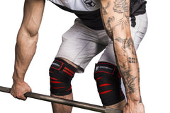 black-red knee wraps protects during deadlift