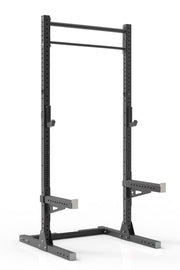 105 black coated steel home gym squat rack with dual pull up bar, safety arms and j-cups from iron bull strength