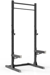 111 black coated steel home gym squat rack with dual pull up bar, safety arms and j-cups from iron bull strength