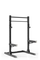 81  black coated steel home gym squat rack with dual pull up bar, safety arms and j-cups from iron bull strength