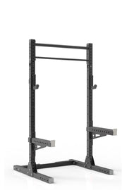 87  black coated steel home gym squat rack with dual pull up bar, safety arms and j-cups from iron bull strength