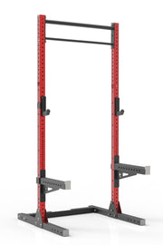 105 red powder coated steel home gym squat rack with dual pull up bar, safety arms and j-cups from iron bull strength