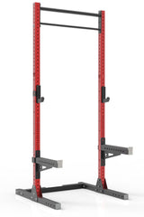 111 red powder coated steel home gym squat rack with dual pull up bar, safety arms and j-cups from iron bull strength