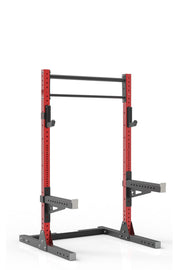 81 red powder coated steel home gym squat rack with dual pull up bar, safety arms and j-cups from iron bull strength