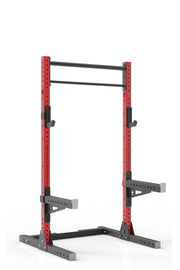 87 red powder coated steel home gym squat rack with dual pull up bar, safety arms and j-cups from iron bull strength