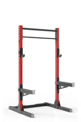 87 red powder coated steel home gym squat rack with dual pull up bar, safety arms and j-cups from iron bull strength