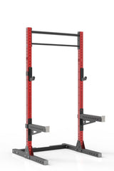 93 red powder coated steel home gym squat rack with dual pull up bar, safety arms and j-cups from iron bull strength