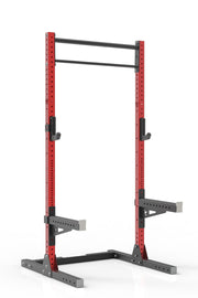 99 red powder coated steel home gym squat rack with dual pull up bar, safety arms and j-cups from iron bull strength