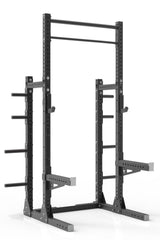 105 black powder coated steel home gym squat rack with dual pull up bar, safety arms, weight plates storage and j-cups from iron bull strength