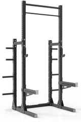 111 black powder coated steel home gym squat rack with dual pull up bar, safety arms, weight plates storage and j-cups from iron bull strength