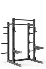 81 black powder coated steel home gym squat rack with dual pull up bar, safety arms, weight plates storage and j-cups from iron bull strength