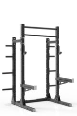 87 black powder coated steel home gym squat rack with dual pull up bar, safety arms, weight plates storage and j-cups from iron bull strength
