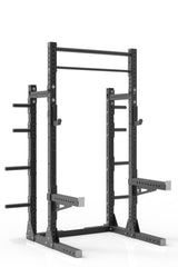 93 black powder coated steel home gym squat rack with dual pull up bar, safety arms, weight plates storage and j-cups from iron bull strength