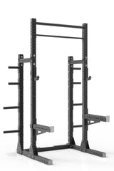 99 black powder coated steel home gym squat rack with dual pull up bar, safety arms, weight plates storage and j-cups from iron bull strength